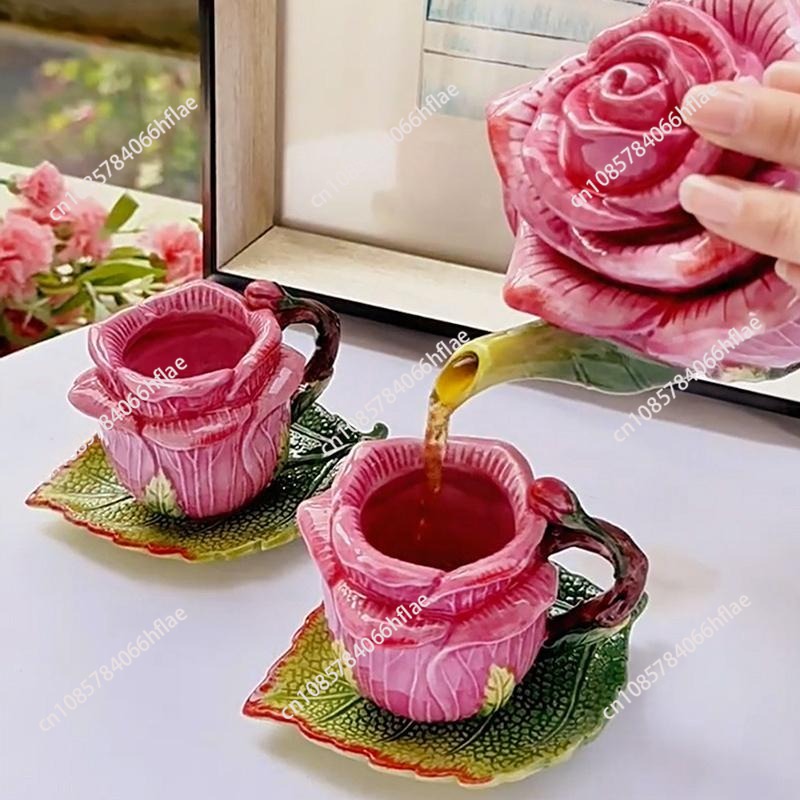 Ceramic Magenta Rose Tea Set T - Coffee Tea Flower 评论和价格